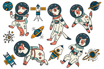 A series of cartoon drawings of dogs in space suits