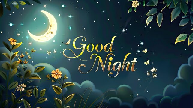 Good night message with moon and stars in a dreamy night sky