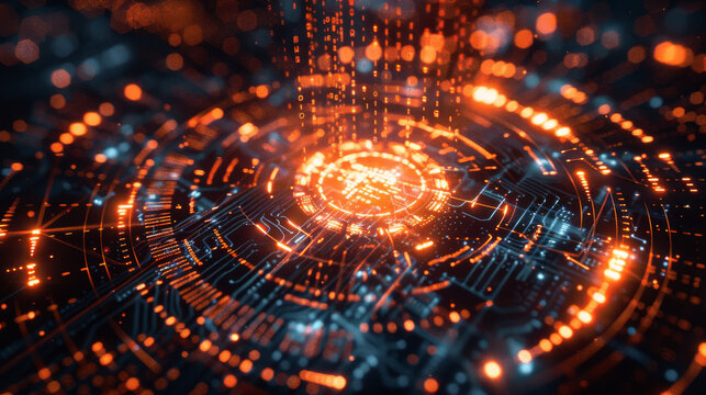 Neon Orange Cybernetic Design with Alert Symbol
