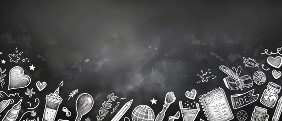 A charming chalkboard drawing featuring school supplies such as pencils, books, and a globe, along with hearts and other fun details. Back to school