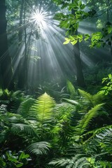 Obraz premium Lush green forest with sun rays