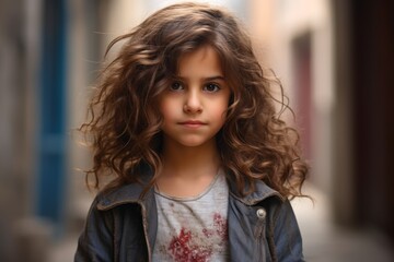 Obraz premium Portrait of a cute little girl with long curly hair. Shallow depth of field.