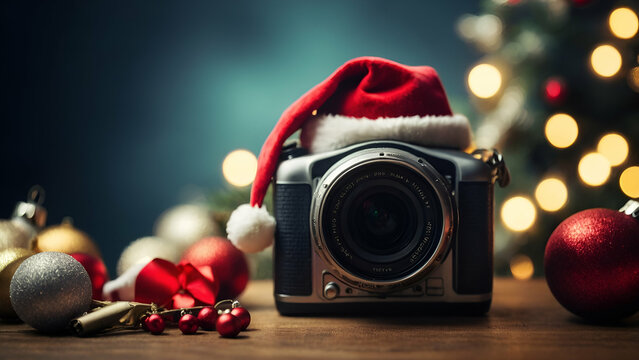 santa claus and christmas tree in camera