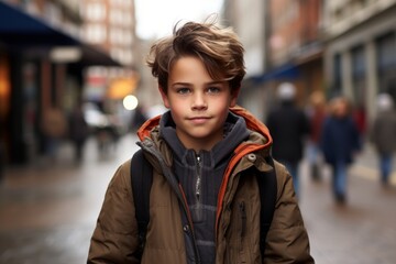 Fototapeta premium Portrait of a young boy in a city street. Shallow depth of field.