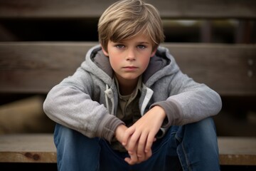 Obraz premium Portrait of a sad little boy sitting on a wooden bench.