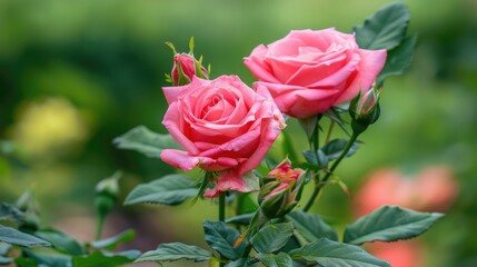 Fototapeta premium Pink Roses in Garden with Green Background Symbolism of Elegance and Romance