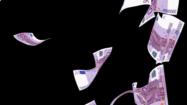 Euro banknotes, bills falling free on black background for overlays with alpha matte blending. HD video