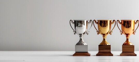 golden, silver and bronze sports trophies, gorizontal grey background