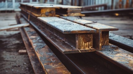 Metal beams are resting on a wooden pallet outside