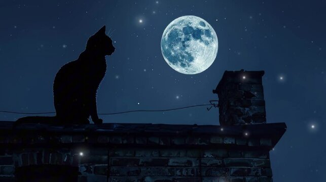 Silhouette of a Cat on the Rooftop under Full Moon