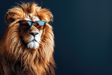 A close-up portrait of a majestic lion with a thick mane, wearing sunglasses, against a dark blue background