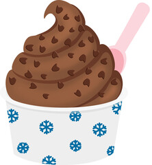 Chocolate soft ice cream topped with chocolate syrup in a cup embroidered with a pink spoon