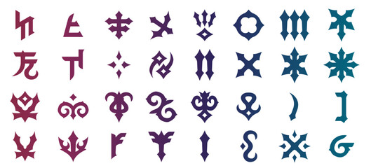 Tribal letters icon set. Tribal alphabet icon bundle