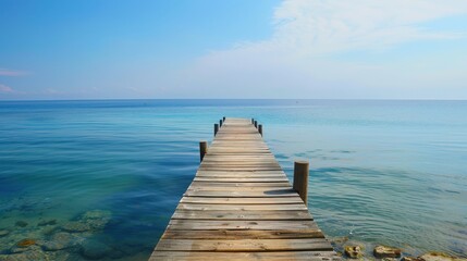 Obraz premium A scenic wooden pier stretching into the clear blue ocean under a bright sky, perfect for a peaceful seaside view.