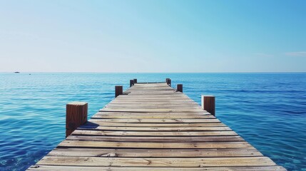 Fototapeta premium A long wooden pier extending into the clear blue sea under a sunny sky, creating a serene and picturesque scene.