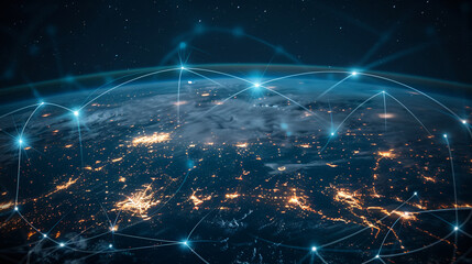 Obraz premium Abstract lines connecting major cities across continents, depicting internet as a geopolitical tool