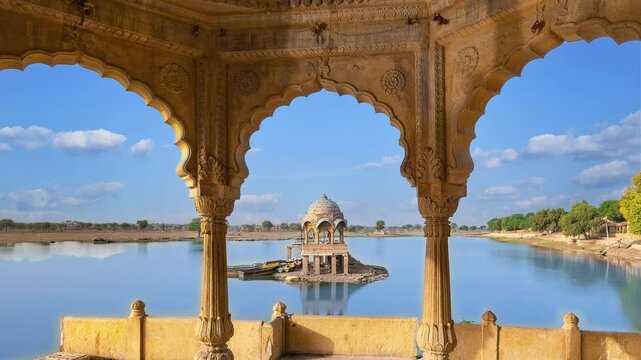 Time lapse video of the palace by lake Gadisar, Jaisalner, Rajastan, India.
