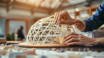 Architectural Innovation Hands Crafting Geodesic Dome Pavilion Model in Public Space