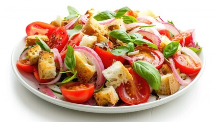 Traditional Italian Salad Panzanella with Tomatoes Onion and Bread Croutons on a White Background