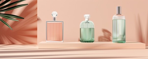 Perfume bottles positioned right, bright geometric background, elegant and sophisticated