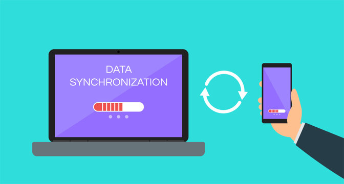 data synchronization hand with smartphone and laptop internet connection download files vector illustration