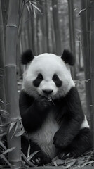 Obraz premium panda bear sitting in bamboo forest eating bamboo in black and white