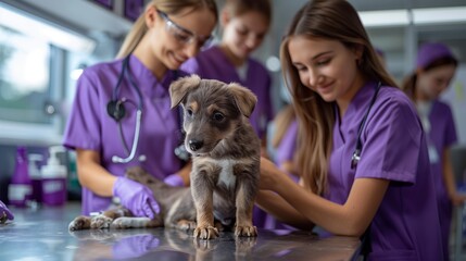 Labor Day tribute featuring purple veterinarians caring for animals in a clinic, elegant and clean design
