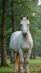Fototapeta premium a white horse standing in the grass near some trees