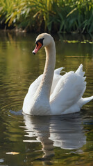 a white swan swimming in the water with its head above the water