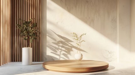 Minimalist podium display with wood and white accents