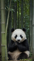 Obraz premium panda sitting in bamboo forest eating bamboo in open area