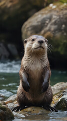 Obraz premium a otter that is sitting on a rock in the water