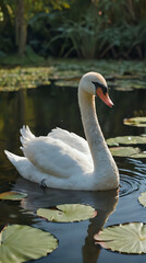 Fototapeta premium a white swan swimming in a pond with lily pads