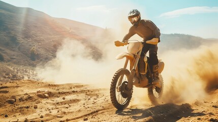 Off-Road Motorcyclist Riding Through Dusty Terrain, Embracing Adventure and Speed in Extreme Sports