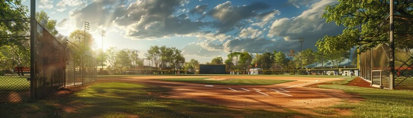 Serene sunset over an empty baseball field with lush green trees and a vibrant sky, capturing the calm before the game begins.