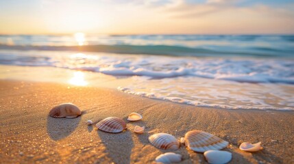 A collection of seashells on a sandy beach during sunset, capturing a serene and picturesque coastal scene.