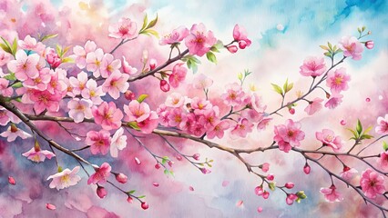 Fototapeta premium Watercolor of pink cherry blossoms in full bloom , cherry blossoms, pink flowers, watercolor,spring, petals, background