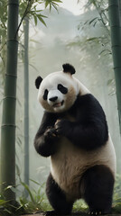 Obraz premium panda bear standing on hind legs in a bamboo forest