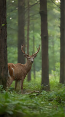 a deer standing in the woods with its antlers on