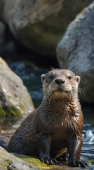 Obraz premium a wet otter sitting on a rock in the water