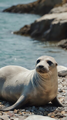 a seal that is laying on the rocks by the water