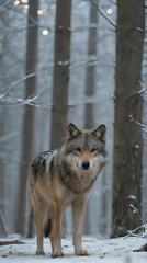 Obraz premium a wolf standing in the snow in the woods