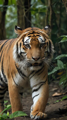a tiger walking through the jungle with trees in the background