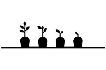 Plant growth process silhouette vector art drawing with outline illustration, Life cycle of silhouette plant growth stages
