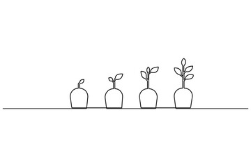 Plant growth process single line art, continuous one line drawing of  Isolated outline vector art