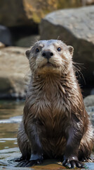 Obraz premium a wet otter sitting on a rock in the water