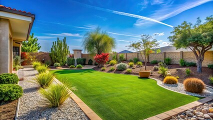 Naklejka premium A serene backyard oasis showcasing sustainable living with artificial turf, drought-resistant plants, and eco-friendly landscaping under clear blue skies.