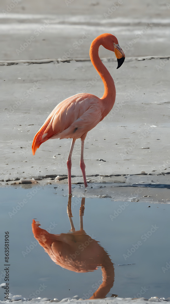 Wall mural a flamingo standing on the beach with its reflection in the water