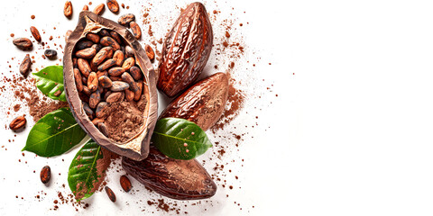 Cocoa beans in pod and leaves with powder isolated on a white background. Tropical fruit. Bnner