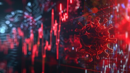 A graph with a red line and a red virus on it. The graph is showing a downward trend